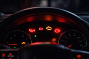 Painel de carro com luzes de alerta acesas em vermelho e amarelo indicando falhas no sistema do veículo.