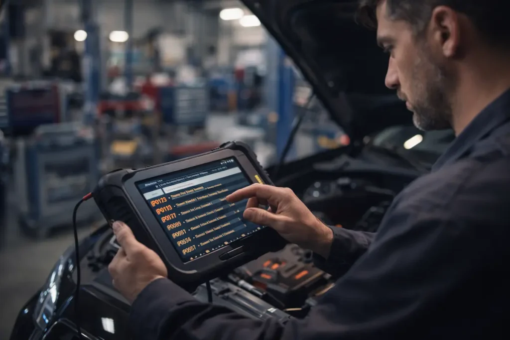 Mecânico utilizando scanner automotivo conectado ao carro para diagnóstico de códigos de erro no sistema eletrônico do veículo.