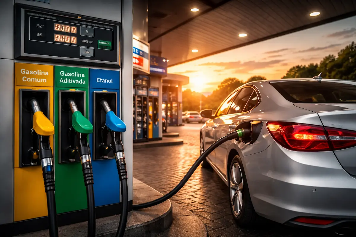 Carro abastecendo em posto de combustível moderno ao entardecer, com bombas de gasolina comum, aditivada e etanol em destaque.