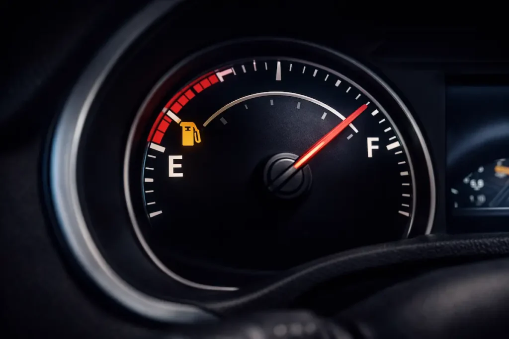 Painel automotivo com marcador de combustível indicando nível médio, luz de reserva acesa e display digital em destaque no interior do veículo.