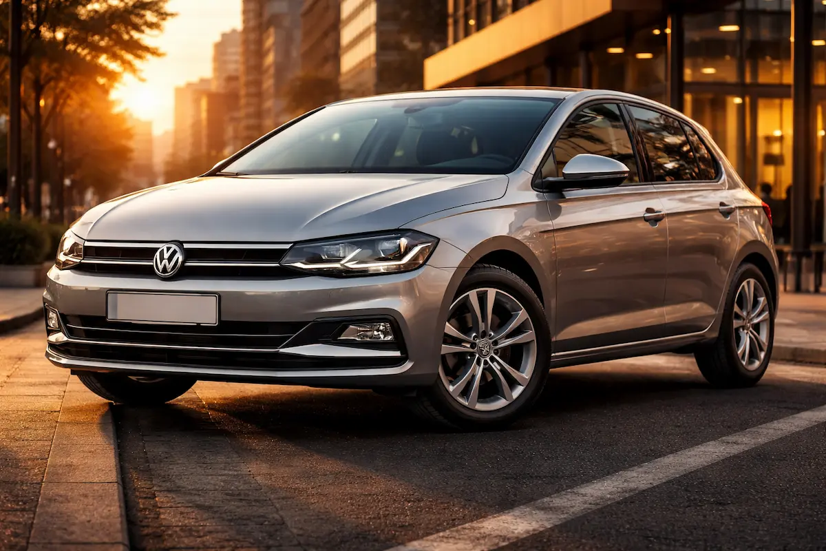 Volkswagen Polo moderno com pneus 185/65R15 estacionado em ambiente urbano ao entardecer.
