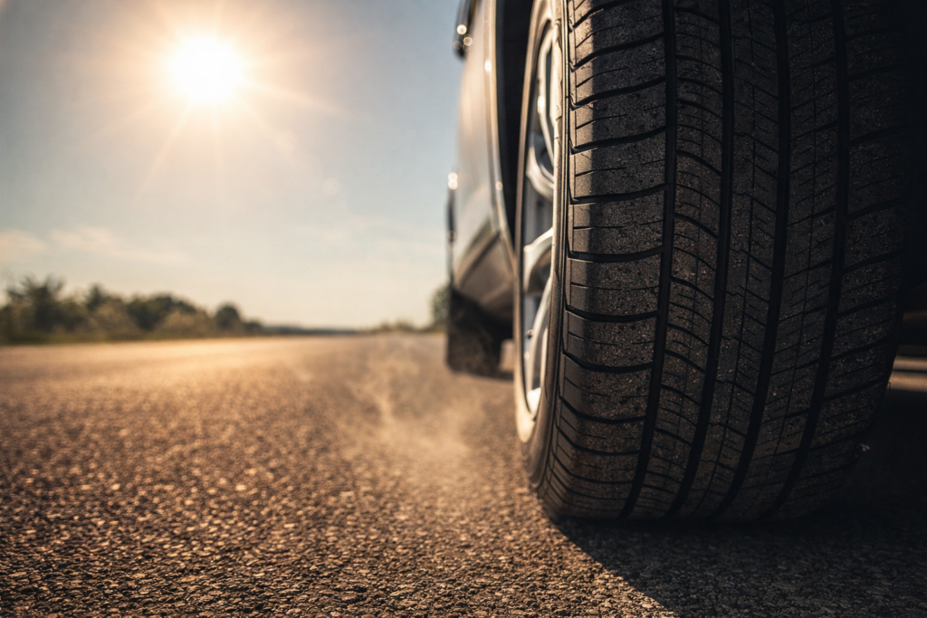pneu automotivo em asfalto quente sob sol forte, close-up da banda de rodagem em estrada quente no verão