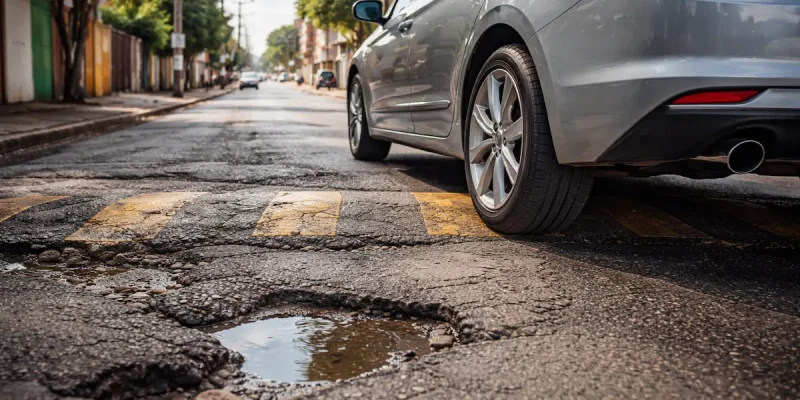 Carro passando por buraco na rua que pode danificar pneus e suspensão