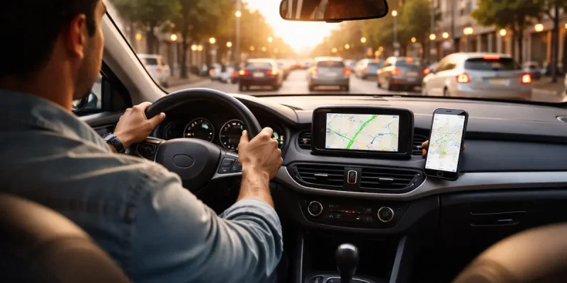 Motorista dirigindo carro no trânsito urbano durante o fim da tarde