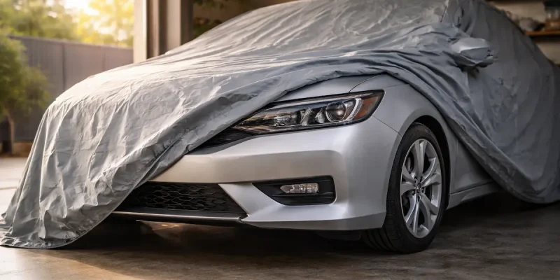 Carro coberto parado na garagem por muito tempo para evitar danos