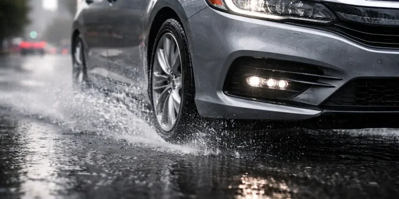 Carro rodando na chuva com pneus garantindo aderência em pista molhada
