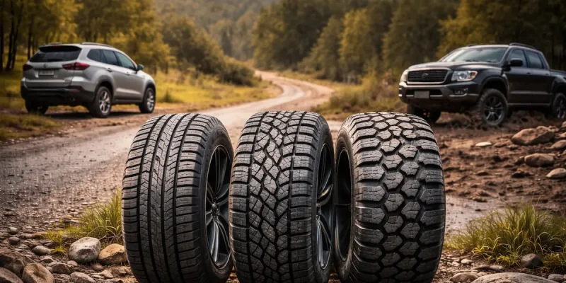 Pneus novos preparados para viagem em estrada de terra