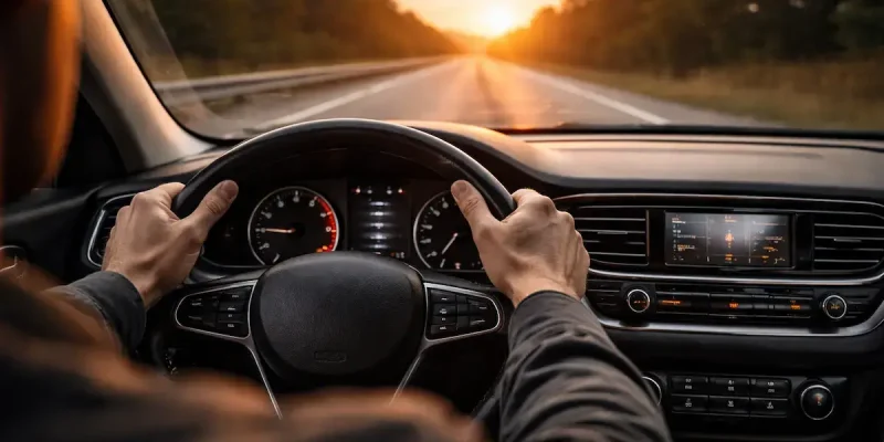 Motorista dirigindo carro em rodovia durante viagem com segurança