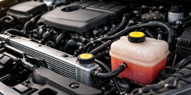 Reservatório de líquido de arrefecimento no motor do carro em manutenção preventiva