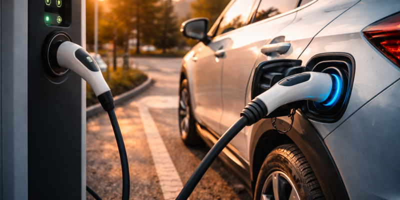 Carro elétrico sendo carregado em estação de recarga residencial durante o pôr do sol