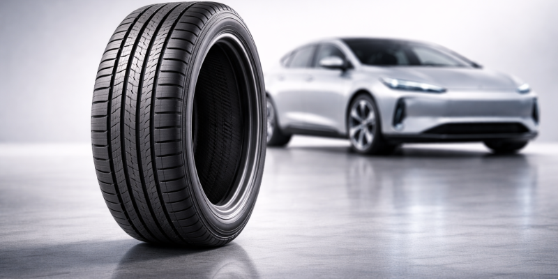 Pneu para carro elétrico ao lado de veículo elétrico moderno