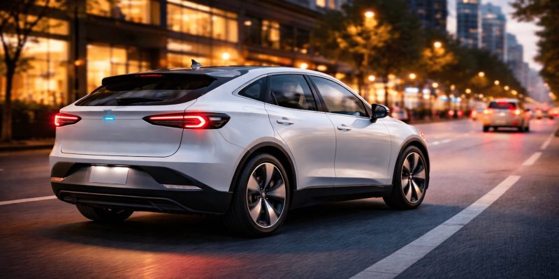 Carro elétrico circulando na cidade ilustrando vantagens e desvantagens dos veículos elétricos