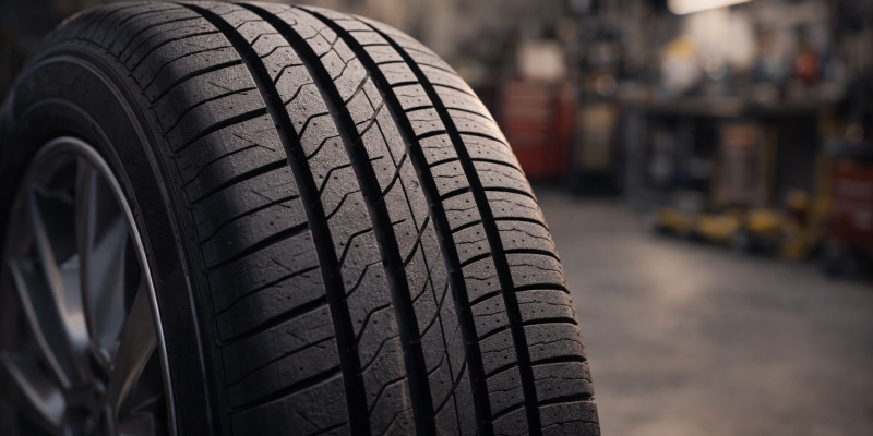 Pneu novo com desenho da banda de rodagem em oficina automotiva