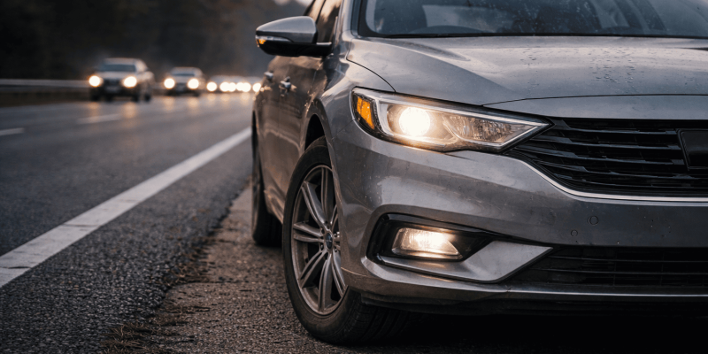 Carro com farol baixo aceso durante o dia na rodovia