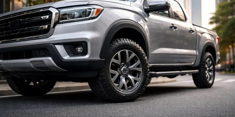 Picape moderna estacionada em ambiente urbano com foco nos pneus on-road