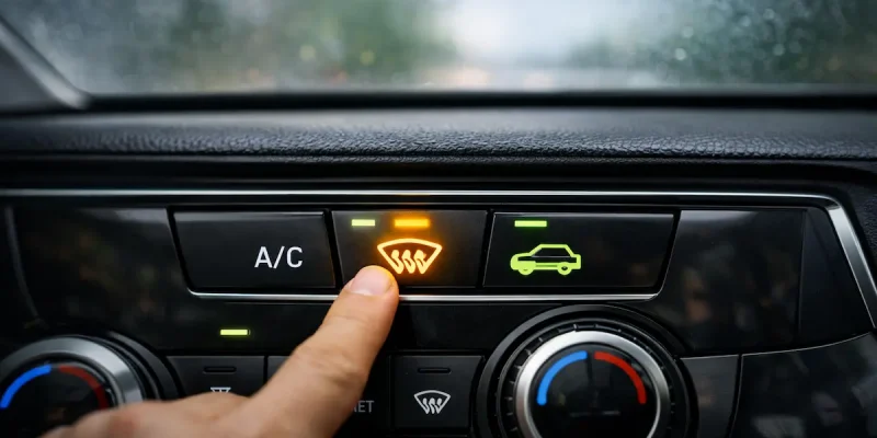 Motorista acionando ar-condicionado do carro no painel