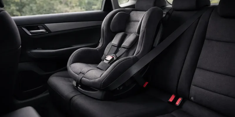 Cadeirinha de bebê instalada corretamente no banco traseiro do carro conforme regras atualizadas