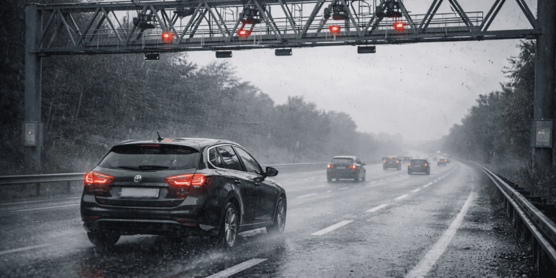 Veículo passando por pórtico de pedágio Free Flow em rodovia sob chuva