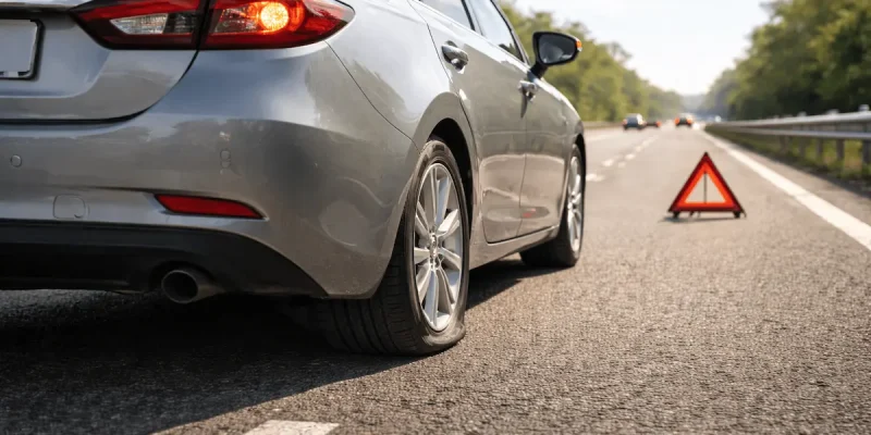 Carro parado no acostamento com triângulo após pneu furado