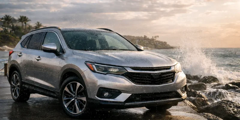 Carro moderno estacionado na beira da praia com ondas ao fundo e partículas de maresia no ar durante o pôr do sol.