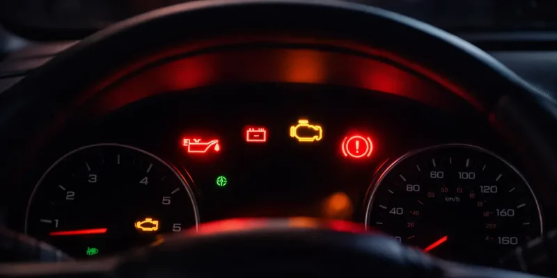 Painel de carro com luzes de alerta acesas em vermelho e amarelo indicando falhas no sistema do veículo.