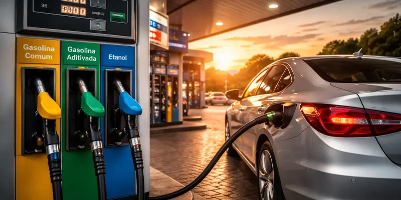 Carro abastecendo em posto de combustível moderno ao entardecer, com bombas de gasolina comum, aditivada e etanol em destaque.