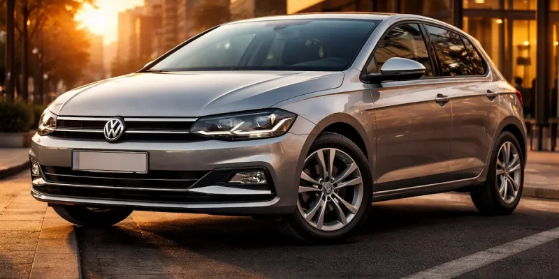Volkswagen Polo moderno com pneus 185/65R15 estacionado em ambiente urbano ao entardecer.