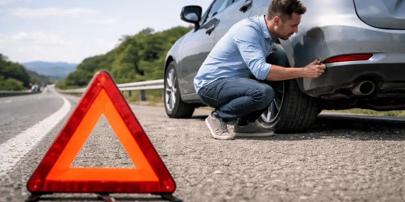 Motorista com carro parado no acostamento usando triângulo após pneu furado, situação onde o pneu Run Flat evita troca imediata