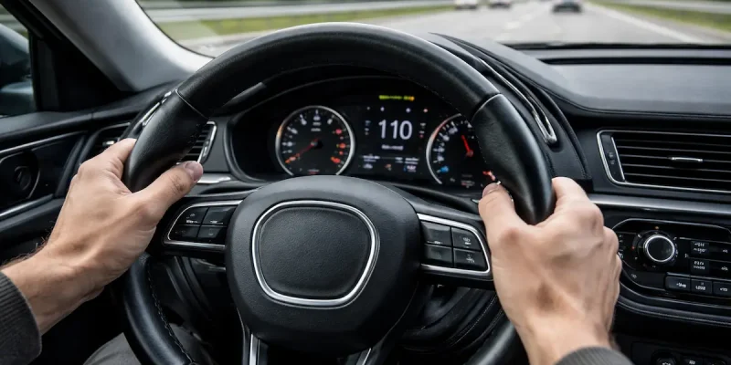 Motorista segurando volante com possível direção vibrando durante condução