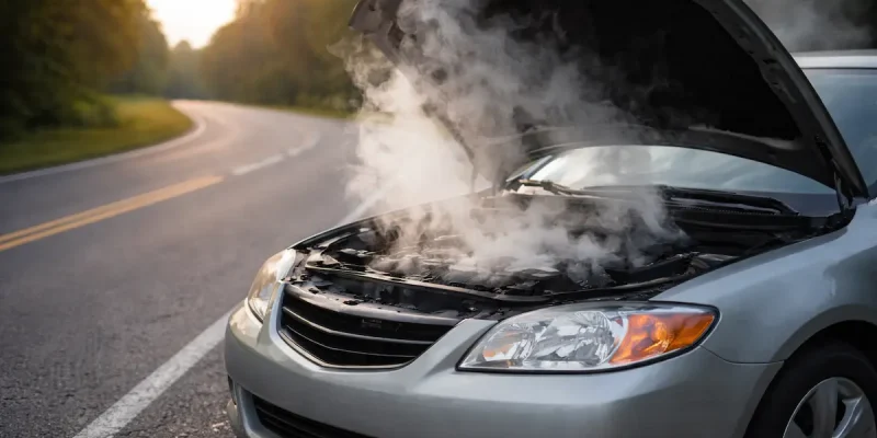 Carro com capô aberto e fumaça saindo do motor indicando possível superaquecimento