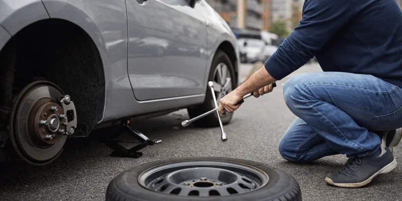 motorista trocando pneu do carro na rua utilizando chave de roda durante troca de pneu com segurança