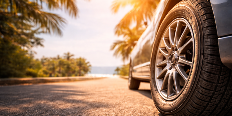 pneu de carro em estrada com asfalto quente sob sol forte, close-up da banda de rodagem em dia de calor