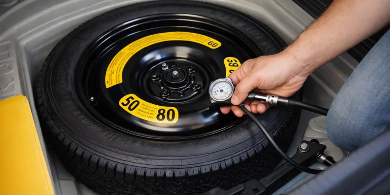 Instalação de estepe temporário em carro durante troca de pneu