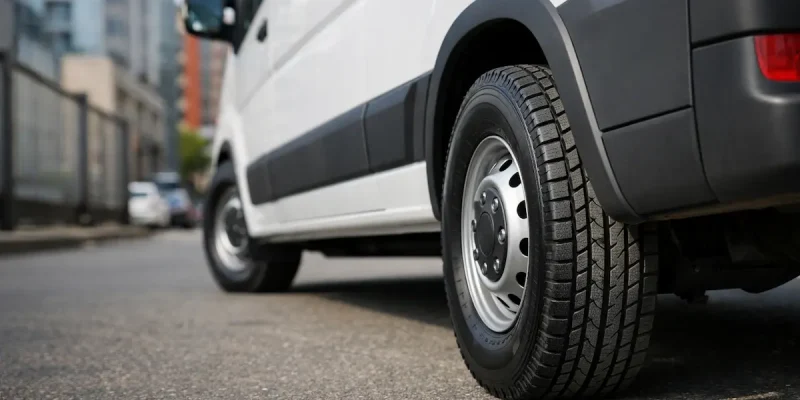Pneu de van utilitária em destaque mostrando resistência para uso urbano e carga